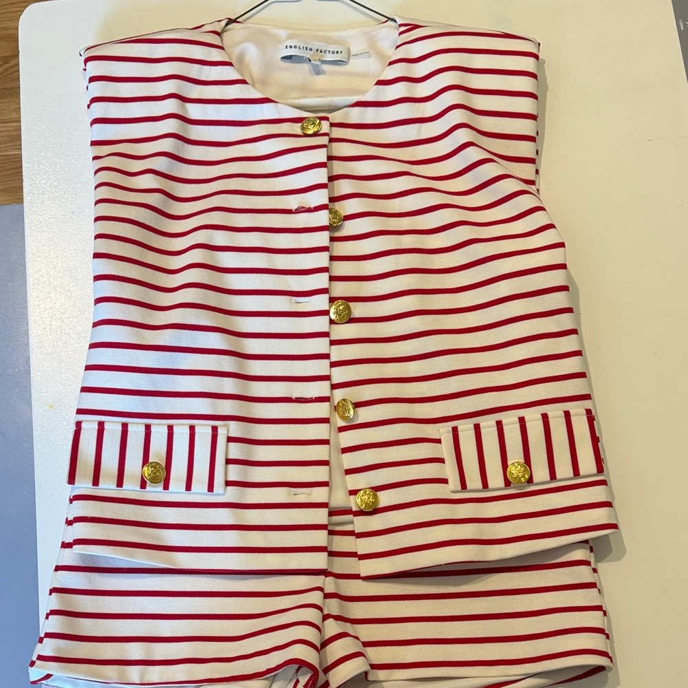 English Factory Red and White Striped Sleeveless Jacket with Gold Buttons